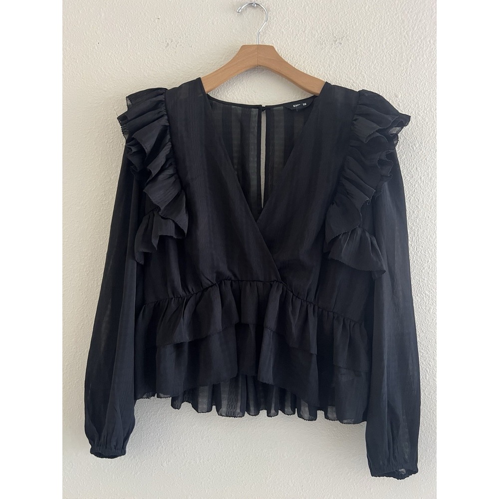 Express Womens Large Black Ruffle V-Neck Top Blouse Long Sleeve Sheer Coquette
